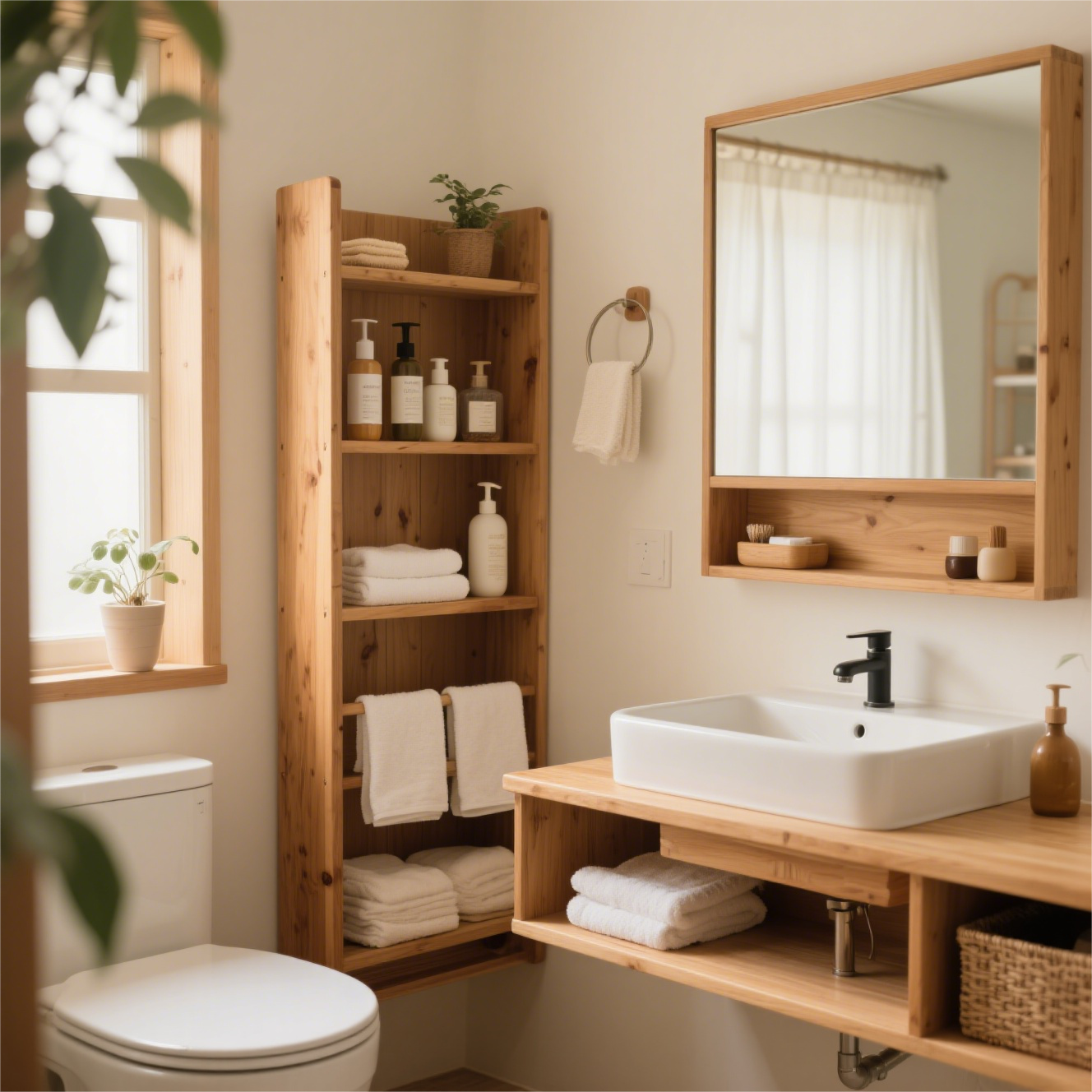 Holzregale in einem Badezimmer